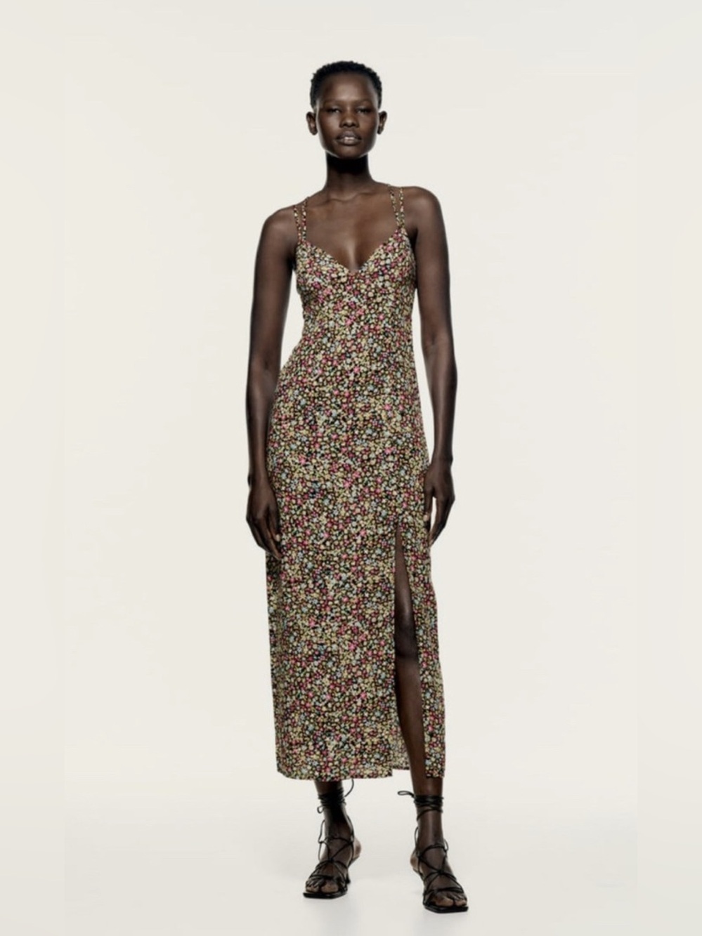 Zara Midi Ditsy Floral Dress with adjustable straps, ruching, size large